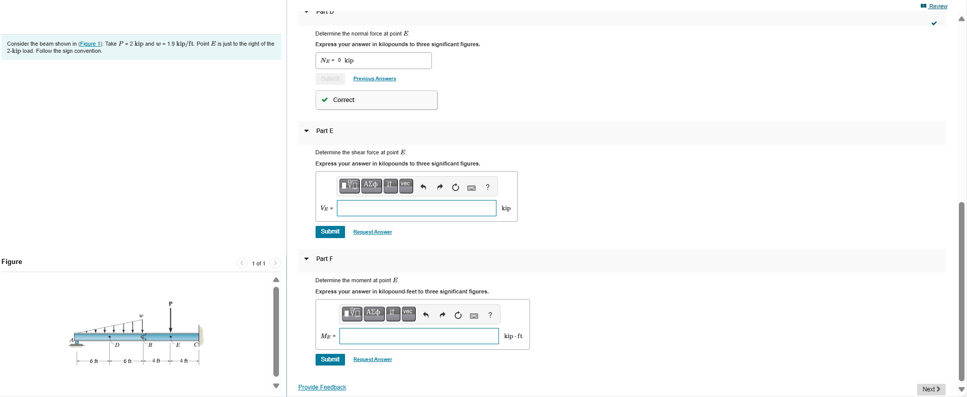 Determine the normal force at point \ ( E \ ) .