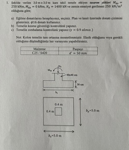 ekilde verilen 3 . 0 m 3 . 0 m kare tekil temele
