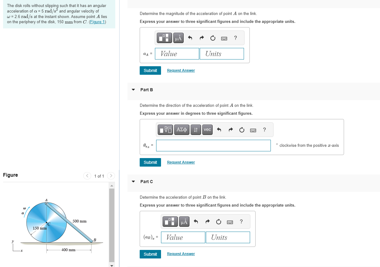 The disk rolls without slipping such that it has