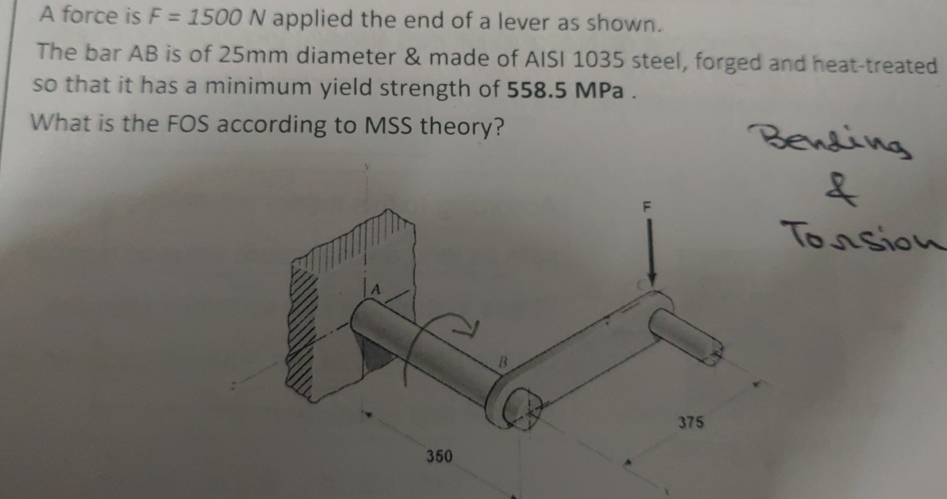 A force is F = 1 5 0 0 N applied the end of a
