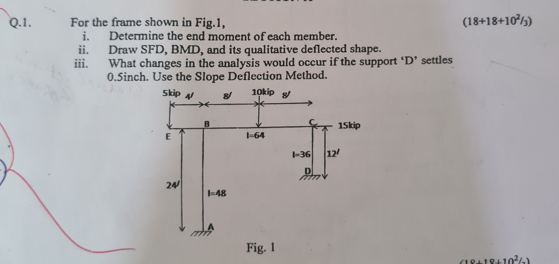 Q . 1 . For the frame shown in Fig . 1 , ( 1 8 +