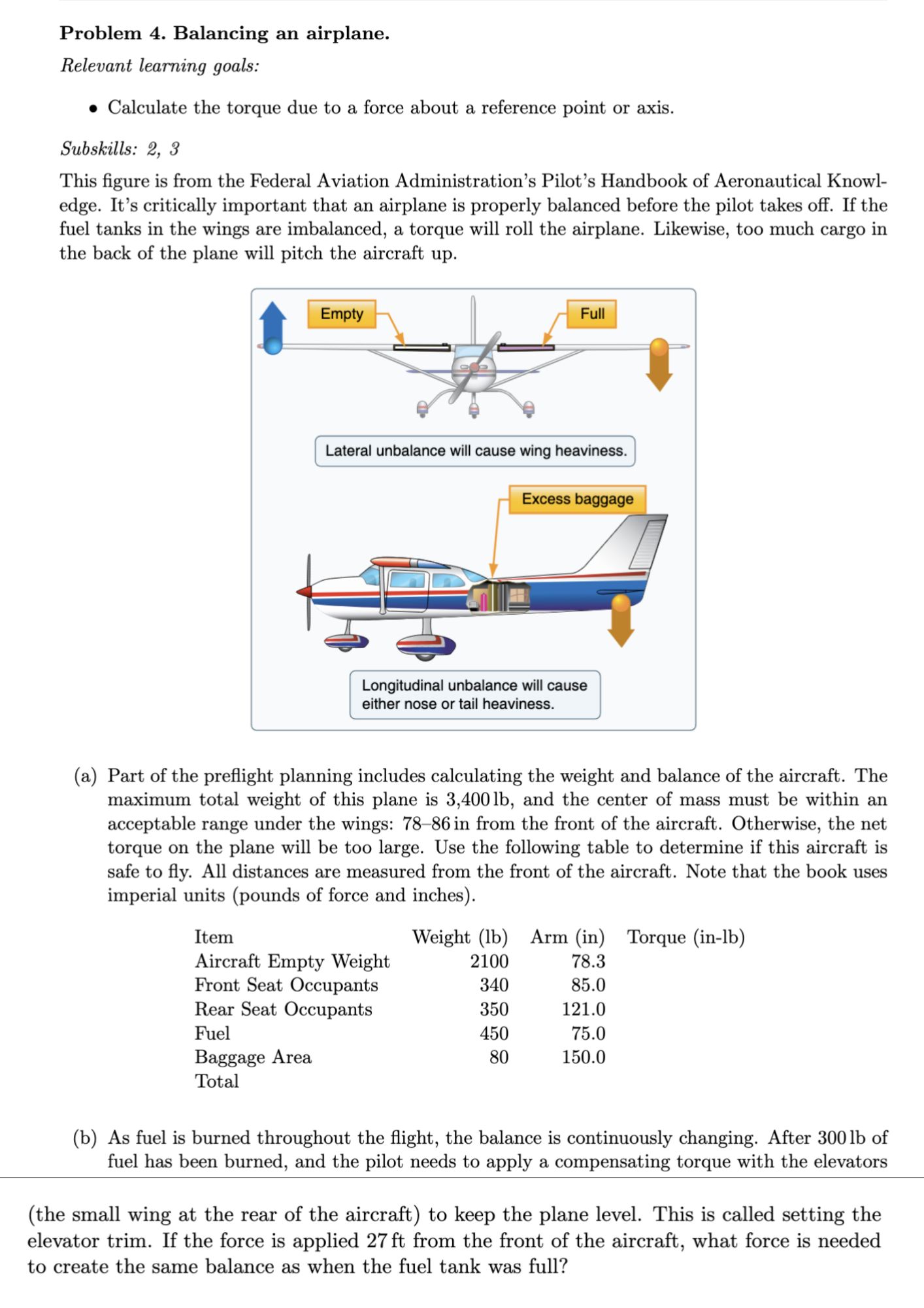Problem 4 . Balancing an airplane. Relevant