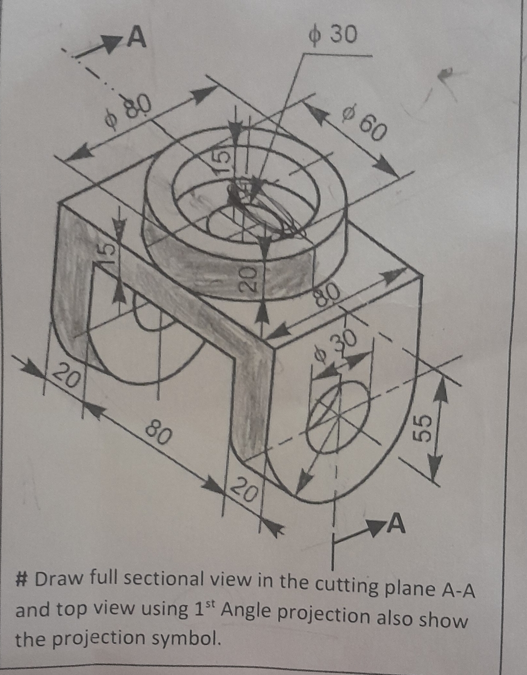 # Draw full sectional view in the cutting plane A