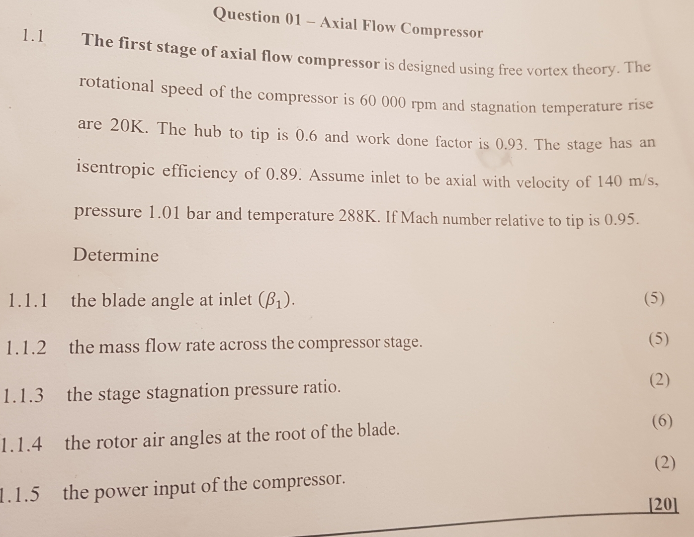 Question 0 1 - Axial Flow Compressor 1 . 1 The