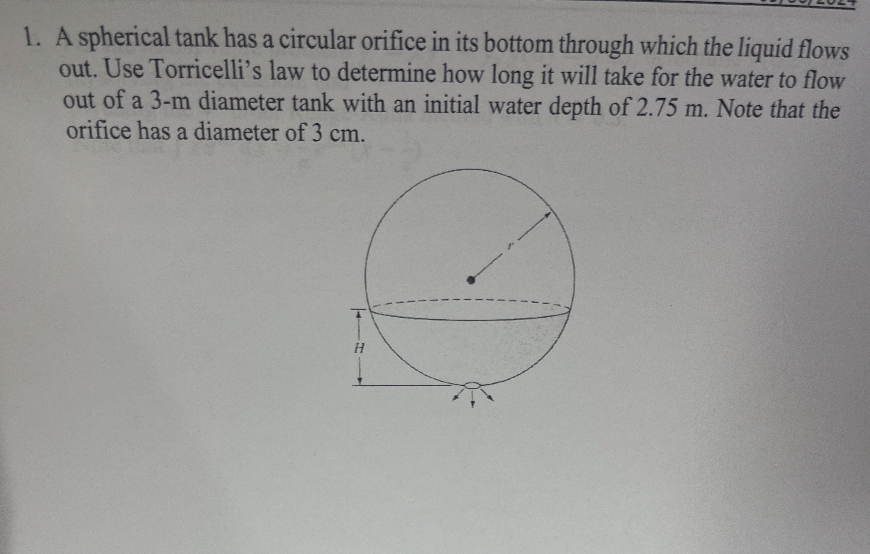 A spherical tank has a circular orifice in its