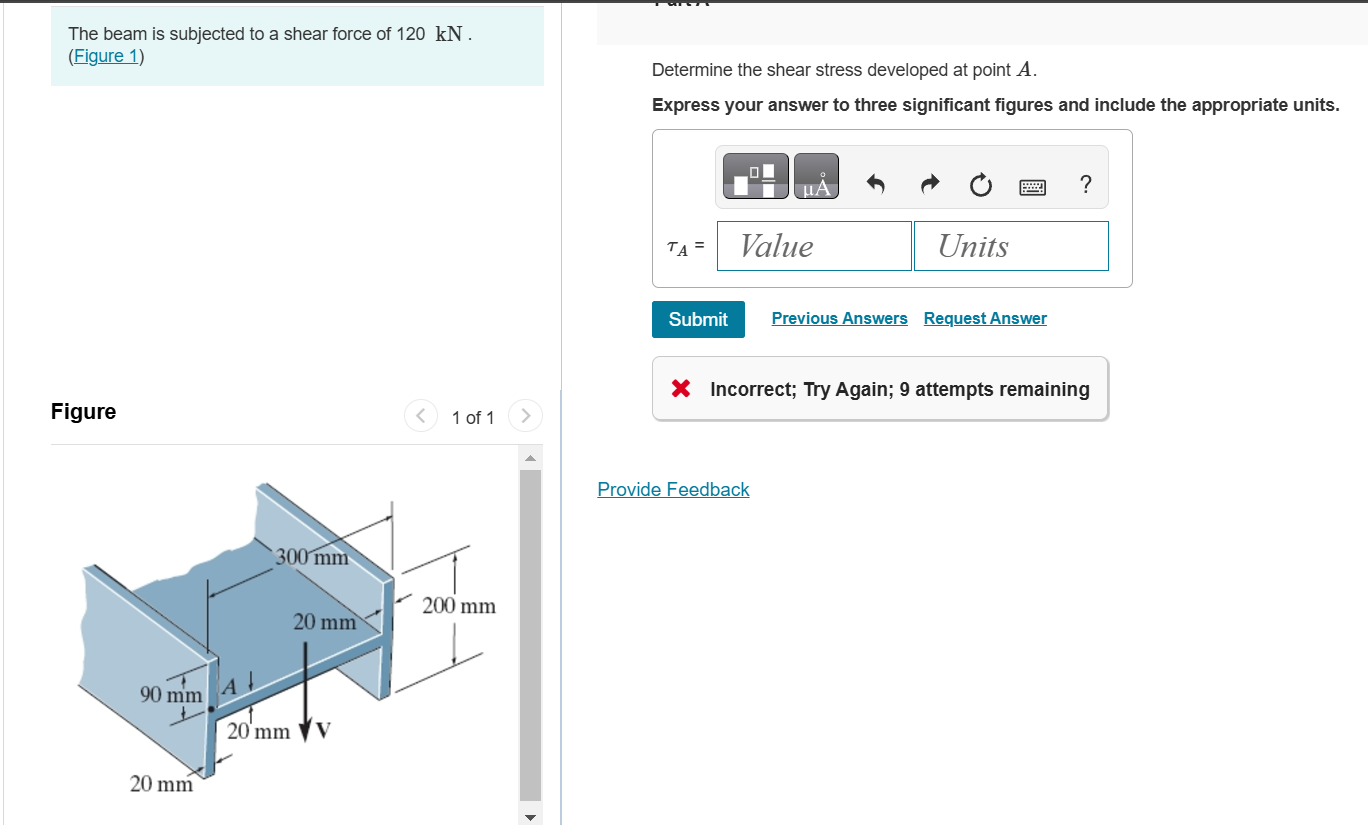 The beam is subjected to a shear force of 1 2 0