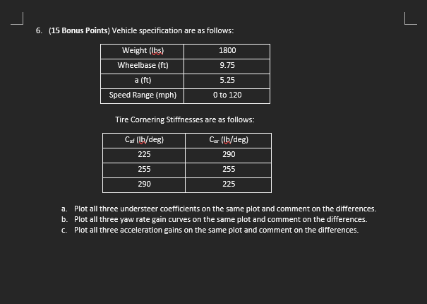 1 . ) Vehicle specification are as follows: