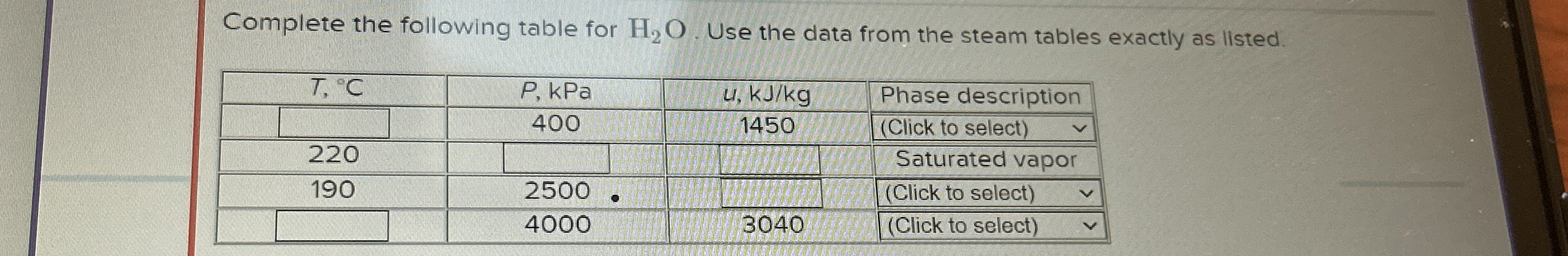 Complete the following table for H 2 O . Use the