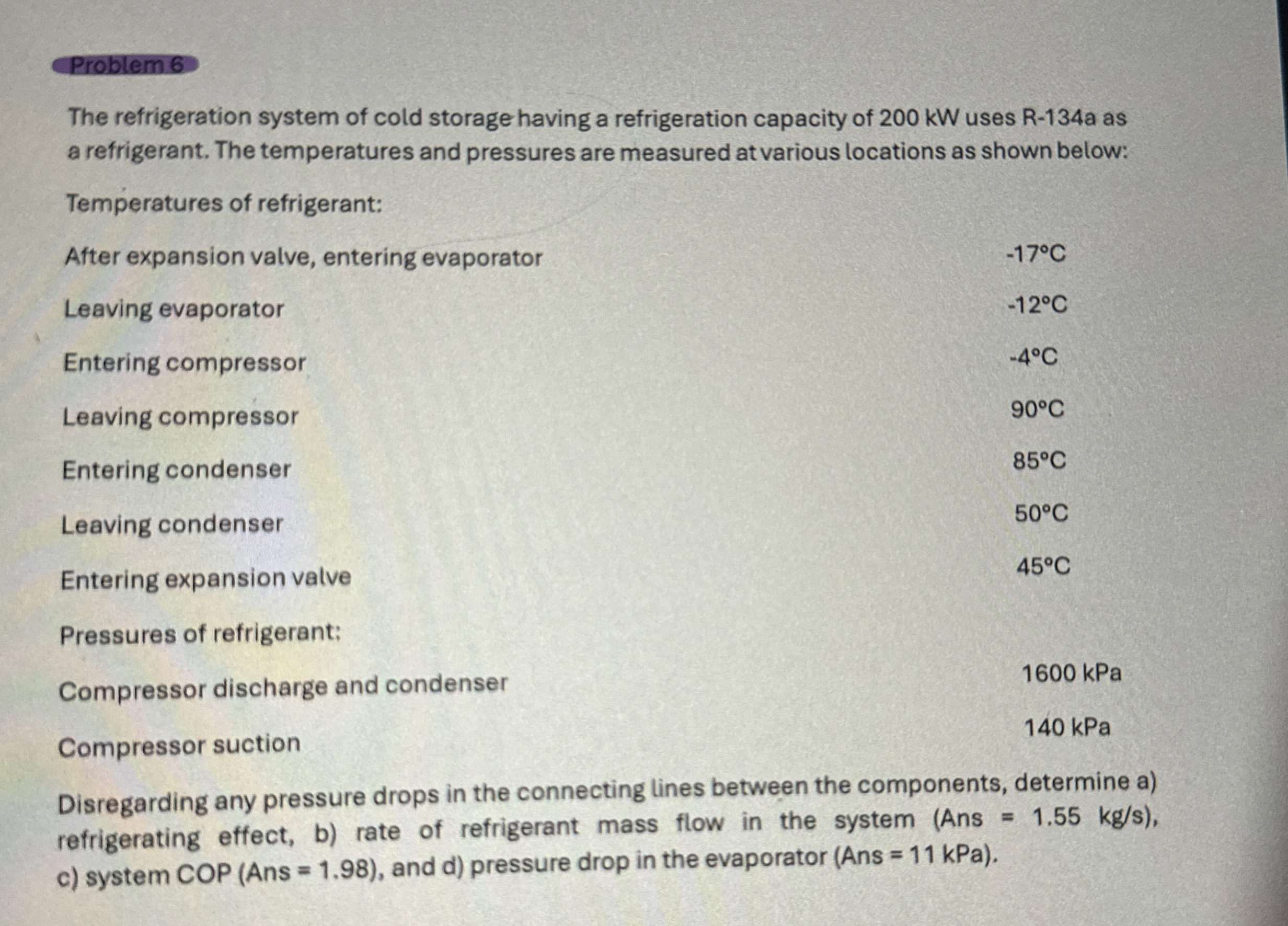 Problem 6 The refrigeration system of cold