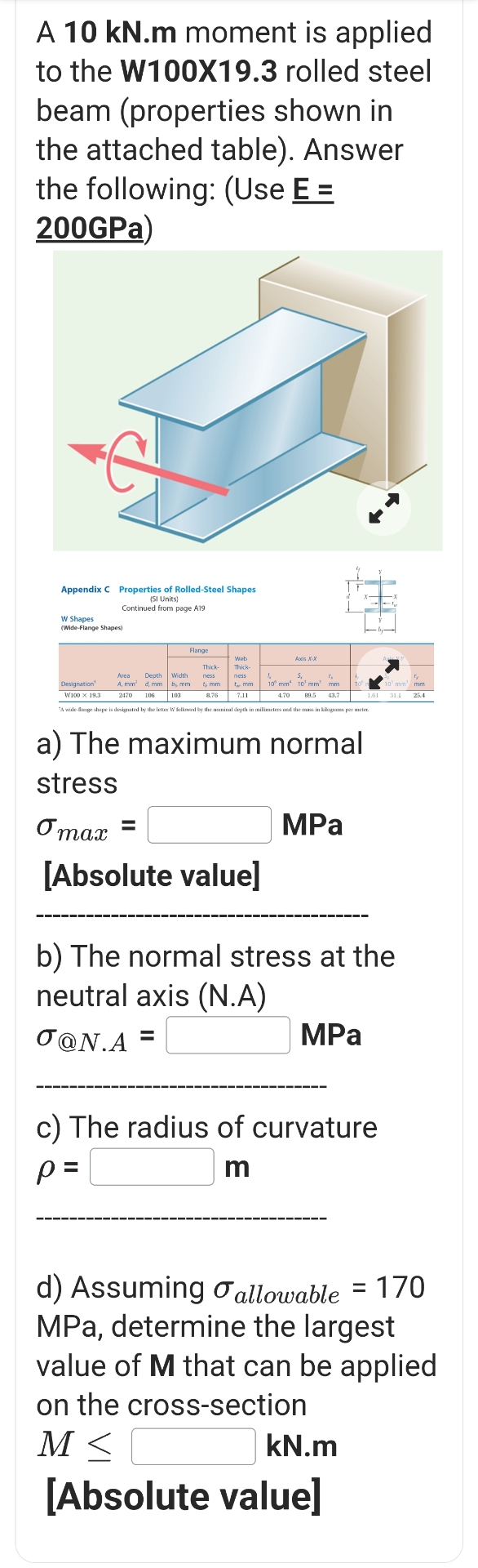 A 1 0 k N . m moment is applied to the W 1 0 0 X