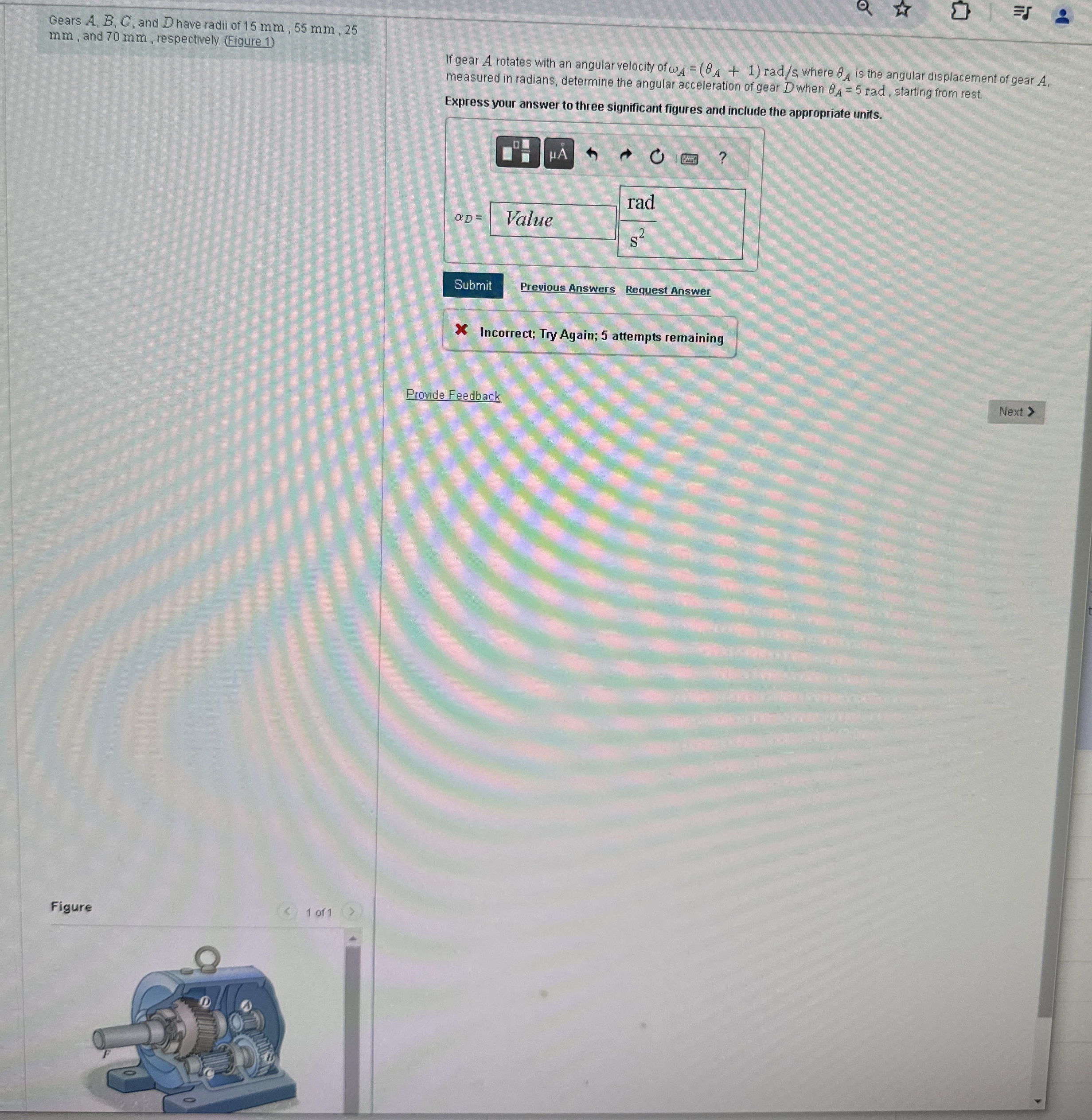 Gears A , B , C , and D have radii of 1 5 m m , 5