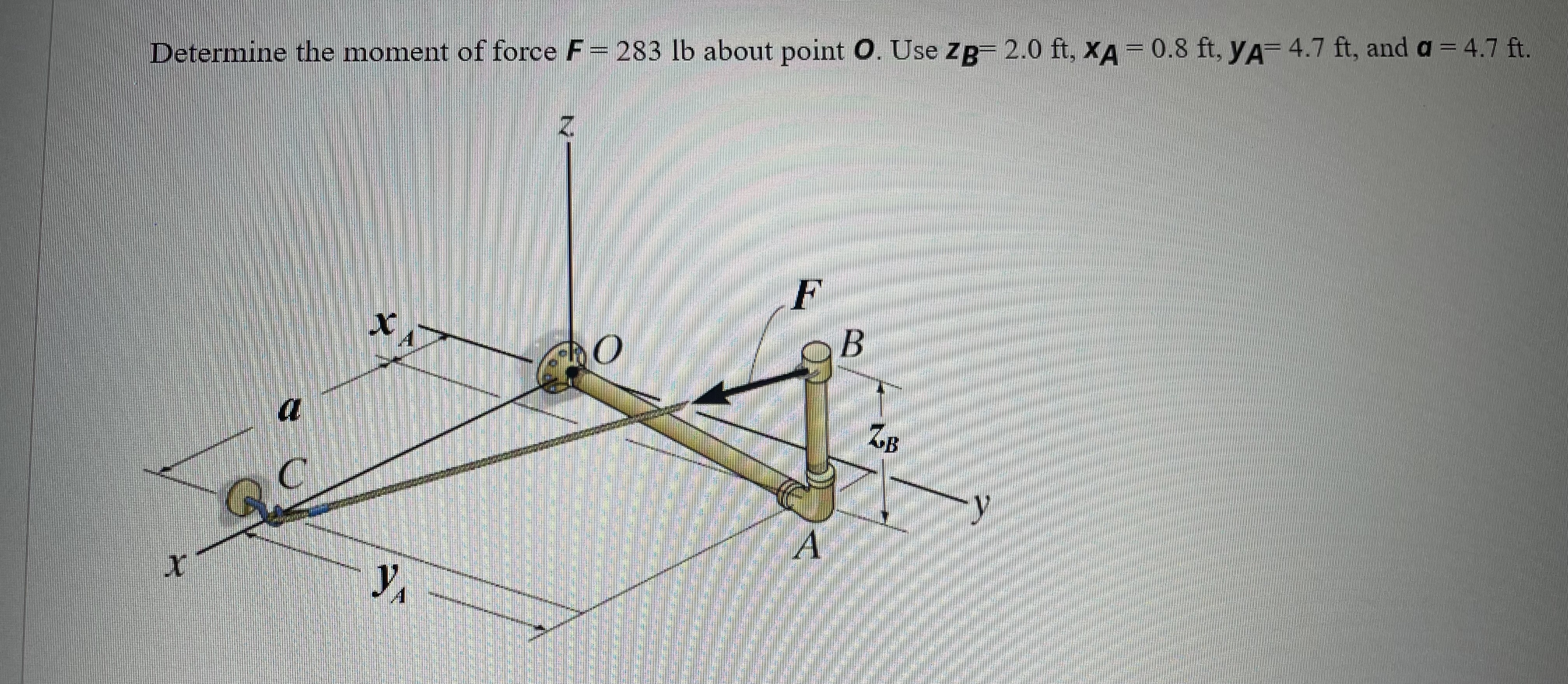 Determine the moment of force F = 2 8 3 lb about
