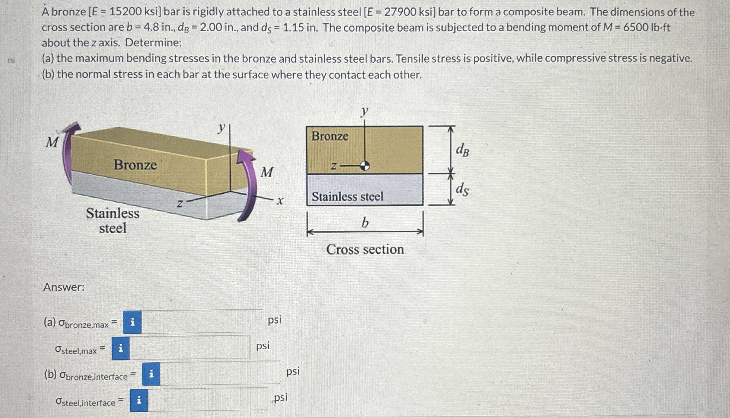 A bronze [ E = 1 5 2 0 0 ksi bar is rigidly