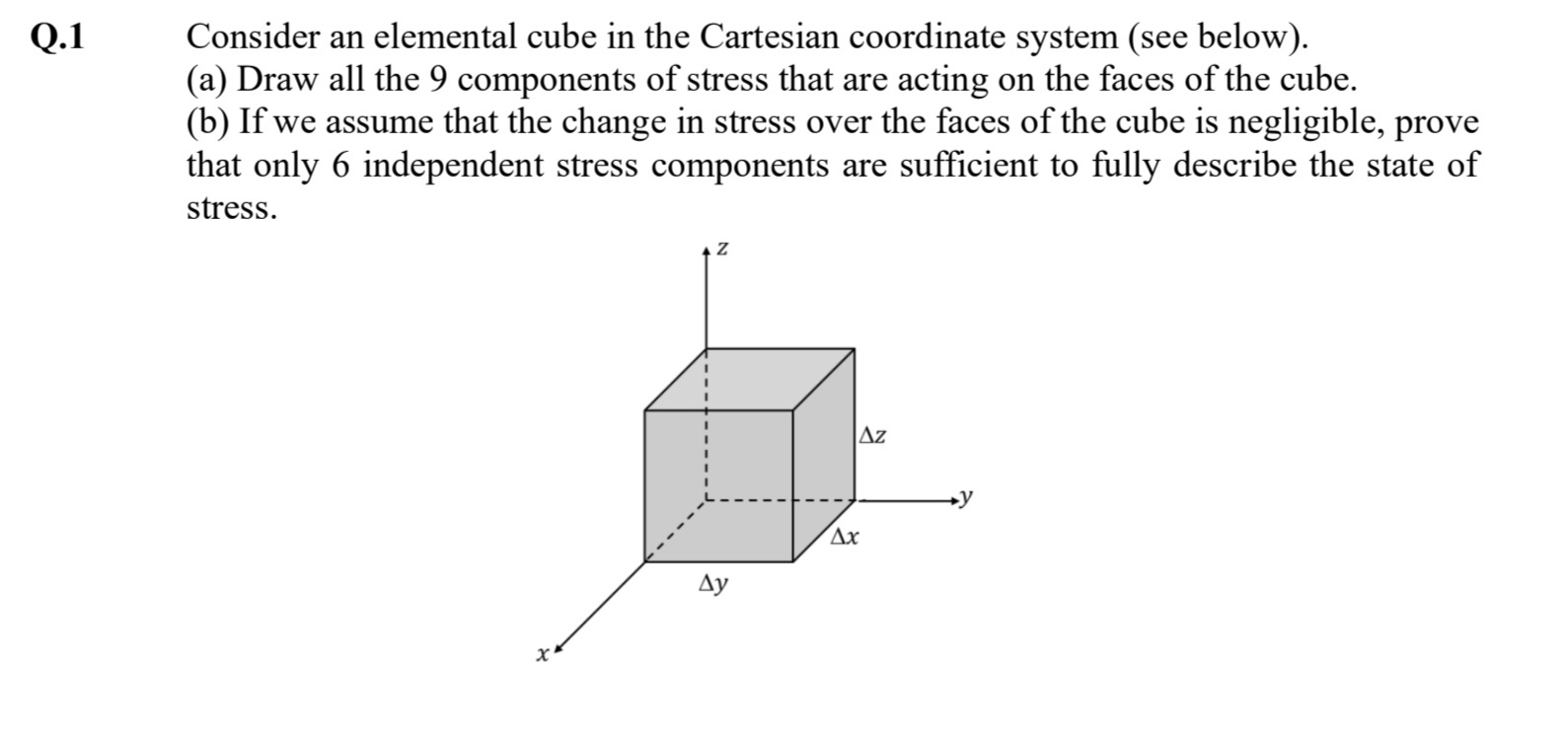 Q . 1 Consider an elemental cube in the Cartesian