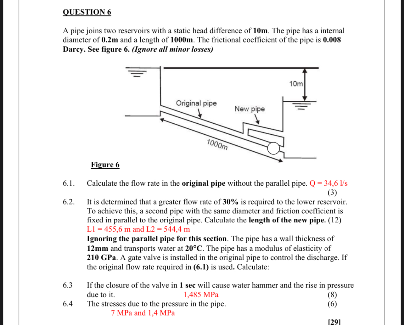 QUESTION 6 A pipe joins two reservoirs with a