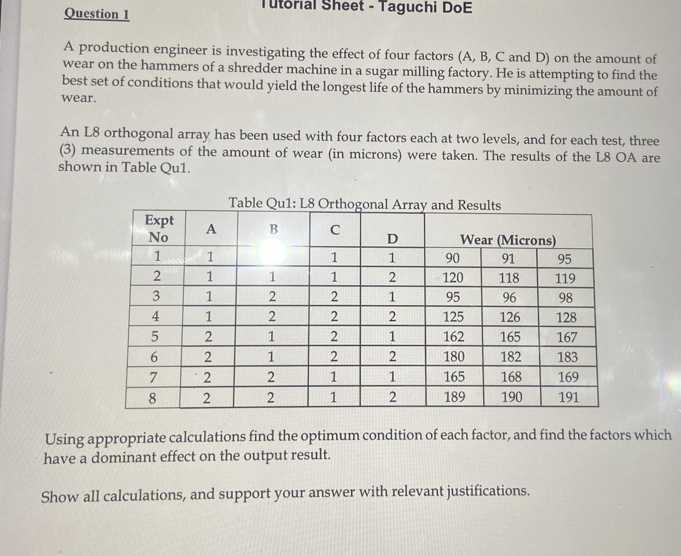Question 1 I utorial Sheet - Taguchi DoE A