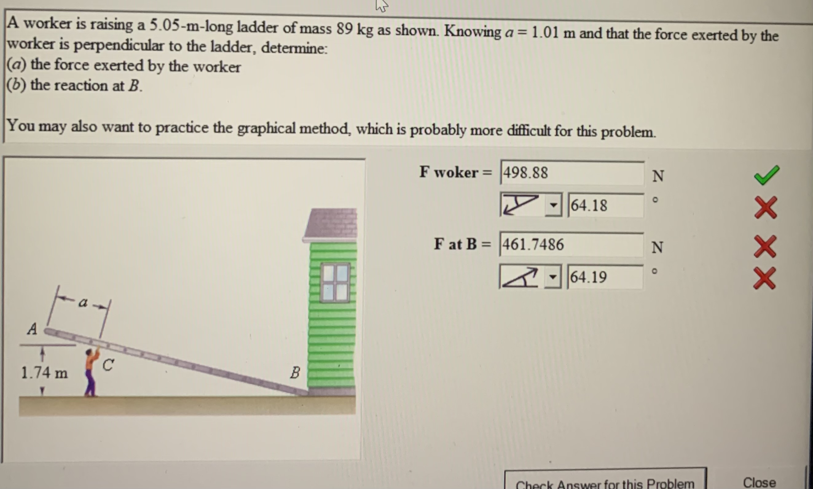 A worker is raising a 5 . 0 5 - m - long ladder