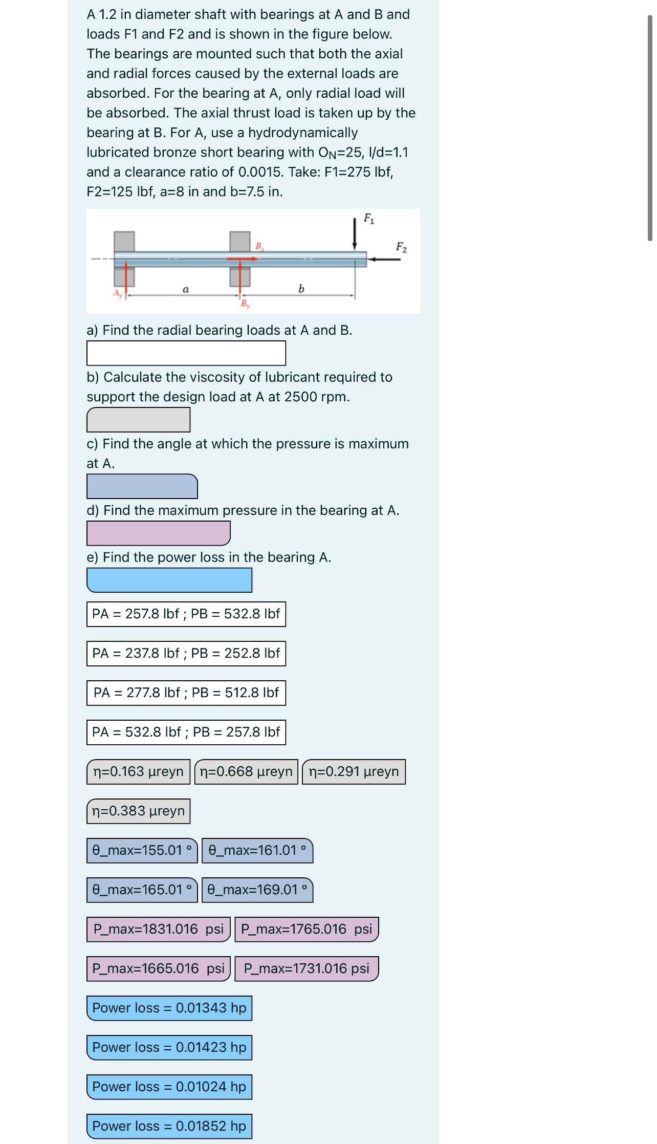 A 1 . 2 in diameter shaft with bearings at A and