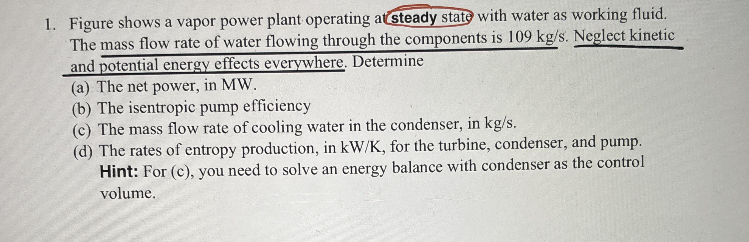 Figure shows a vapor power plant operating