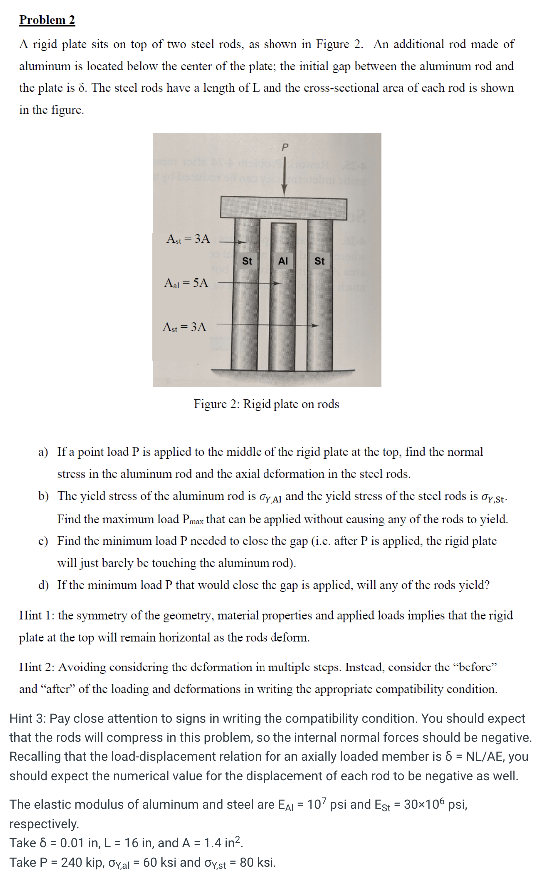 Problem 2 A rigid plate sits on top of two steel