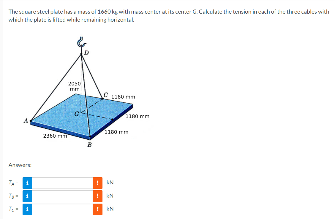 The square steel plate has a mass of 1 6 6 0 kg
