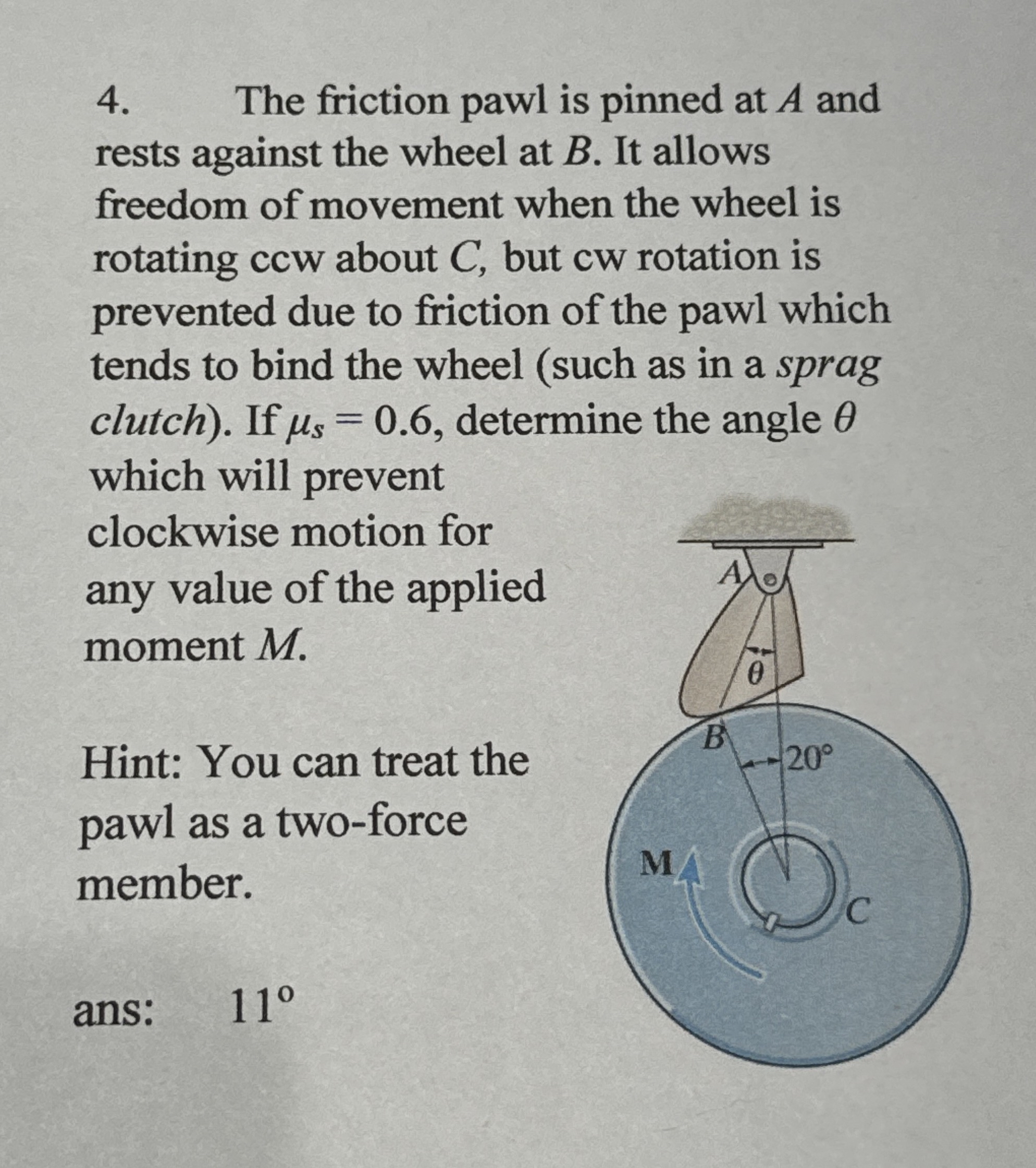 The friction pawl is pinned at A and rests
