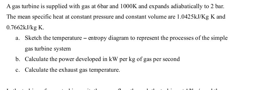 A gas turbine is supplied with gas at 6 bar and 1