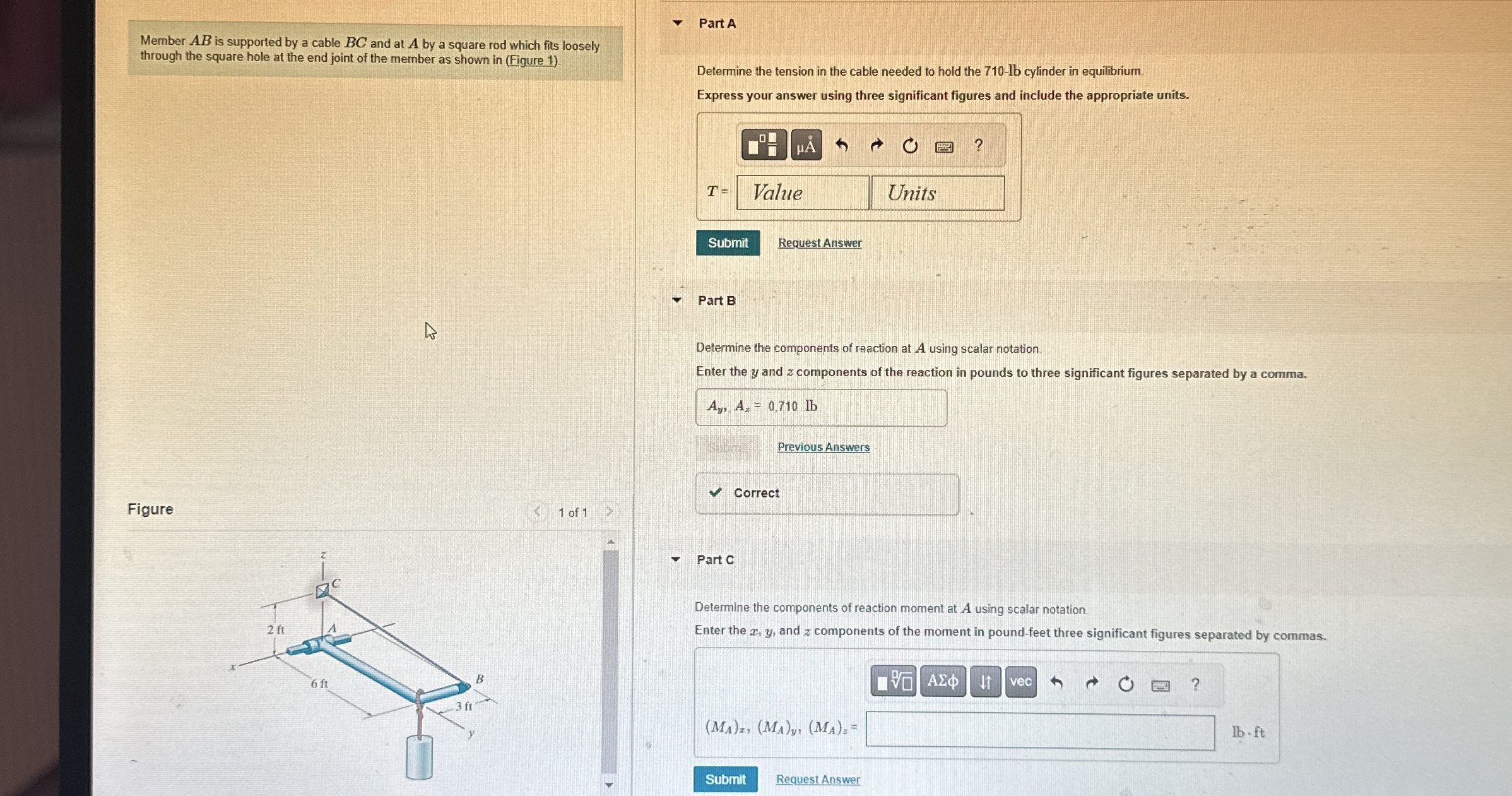 Member A B is supported by a cable B C and at A