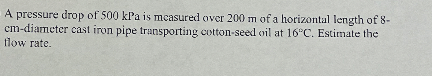 A pressure drop of 5 0 0 kPa is measured over 2 0