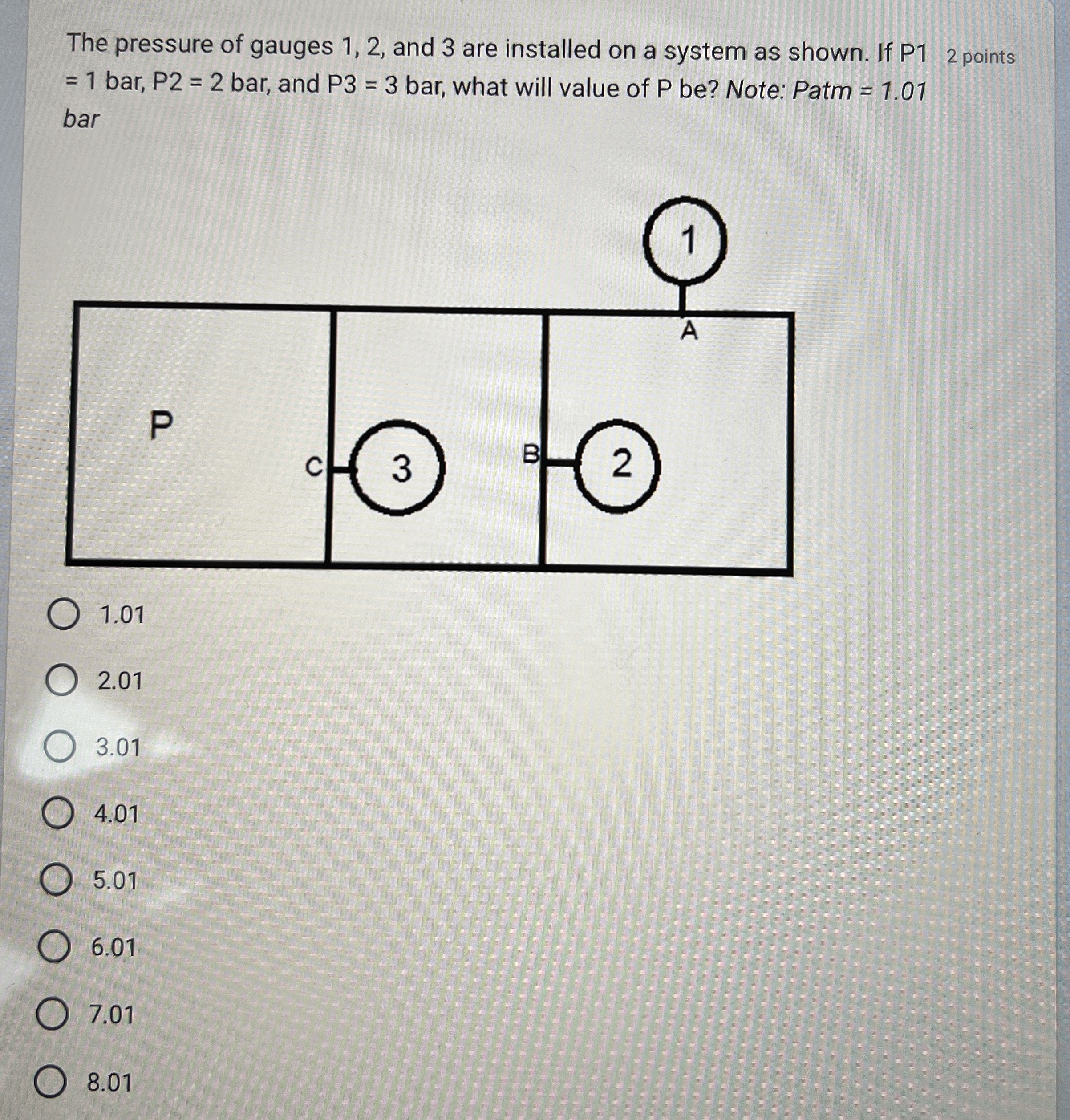 The pressure of gauges 1 , 2 , and 3 are