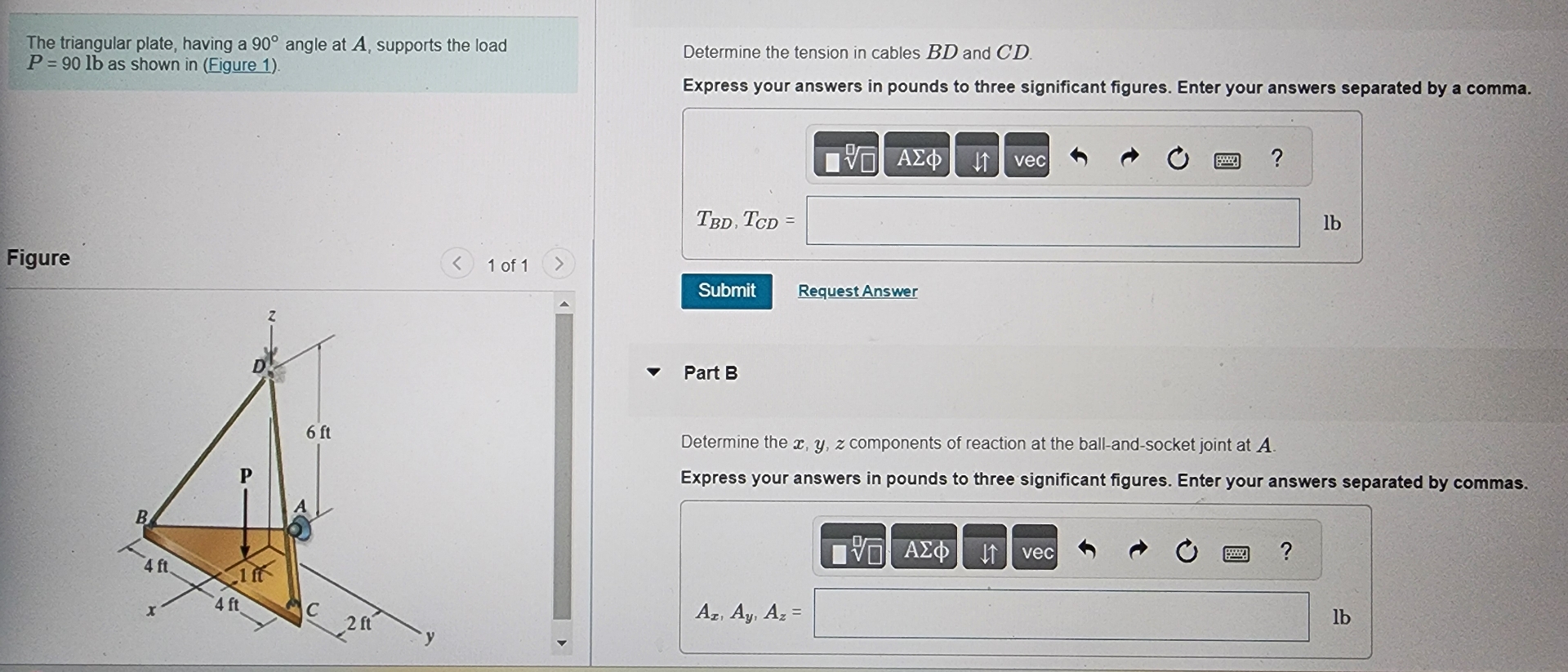 The triangular plate, having a 9 0 angle at A ,