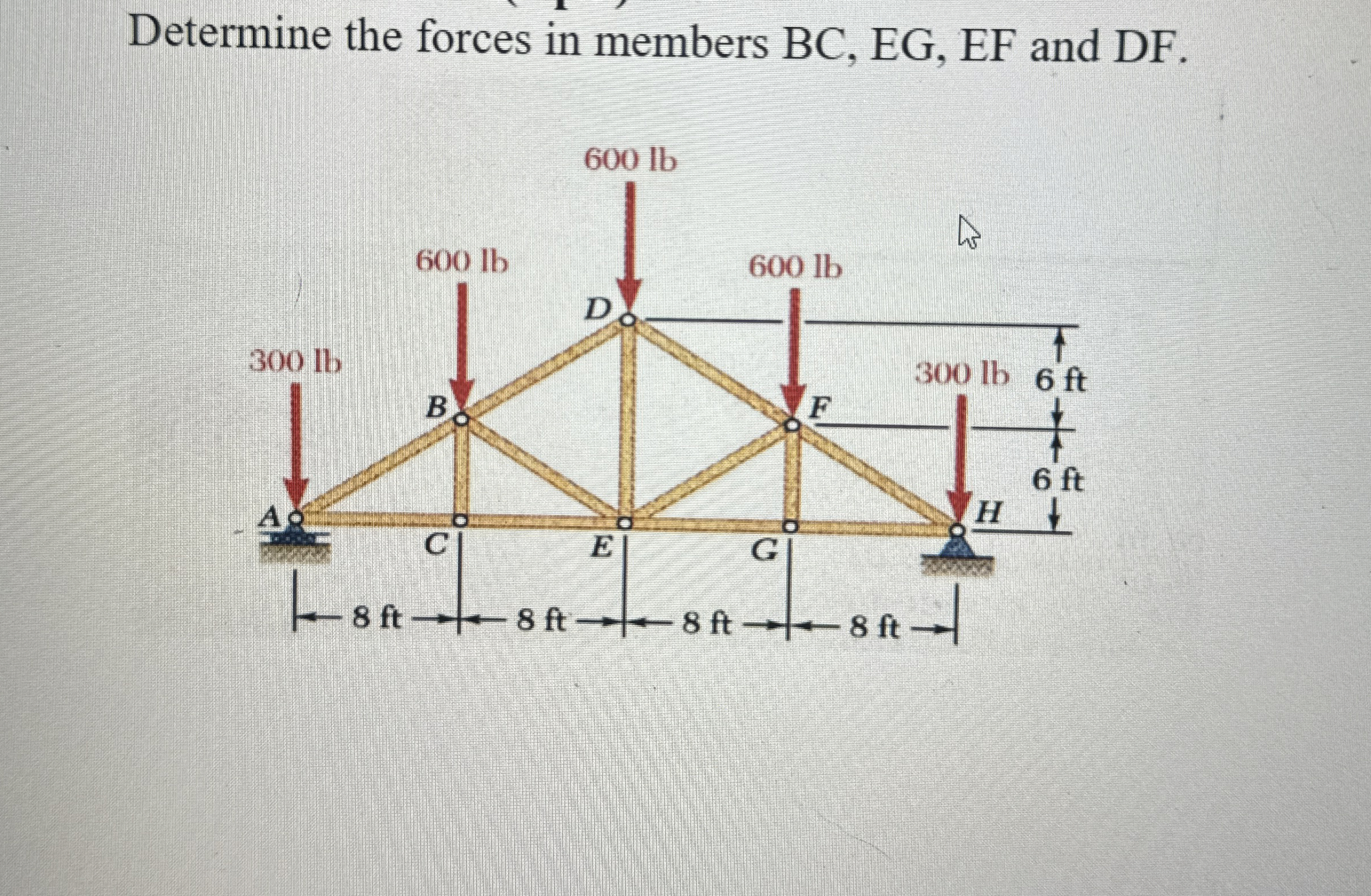 Determine the forces in members B C , E G , E F