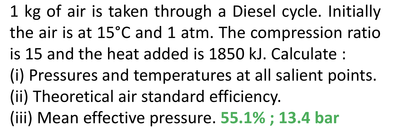1 kg of air is taken through a Diesel cycle.