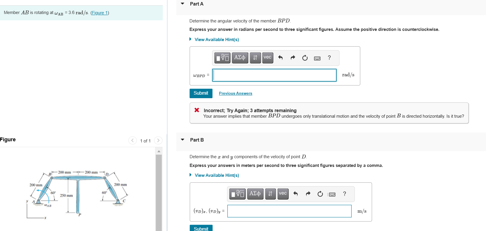 Member \ ( A B \ ) is rotating at } } = 3 . 6 \