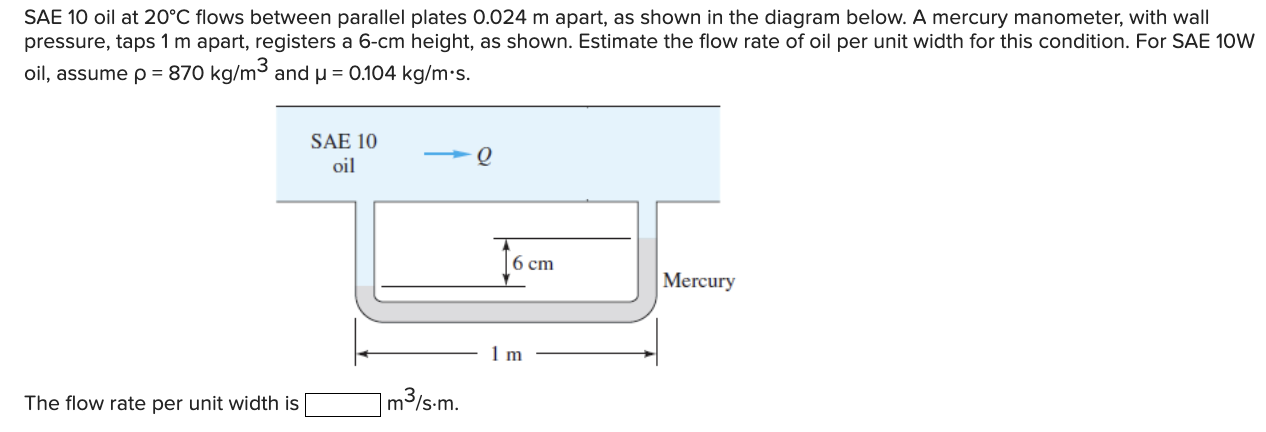 SAE 1 0 oil at 2 0 \ deg C flows between parallel