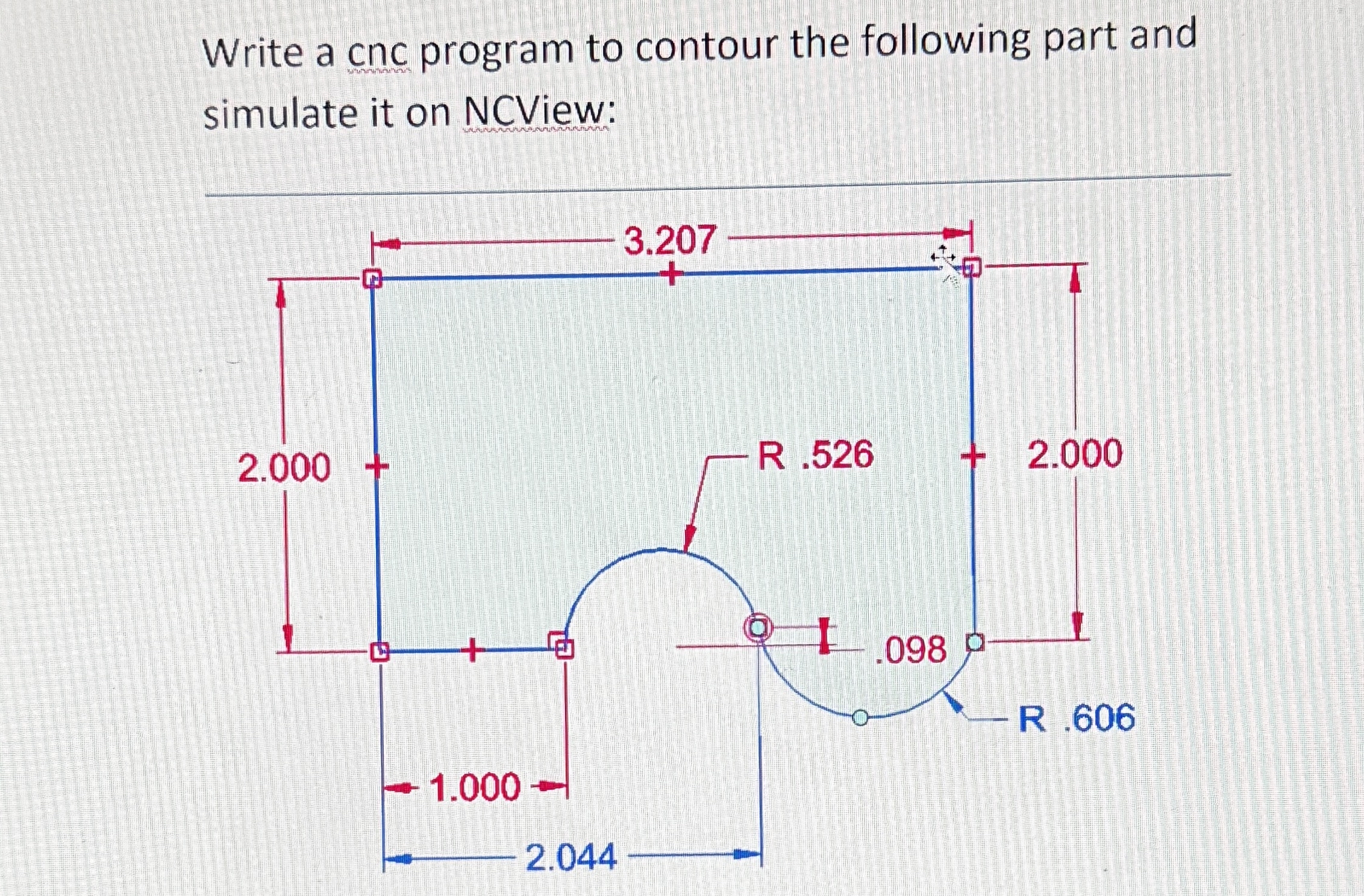 Write a cnc program to contour the following part