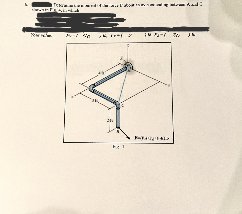 Determine the moment of the force F about an axis