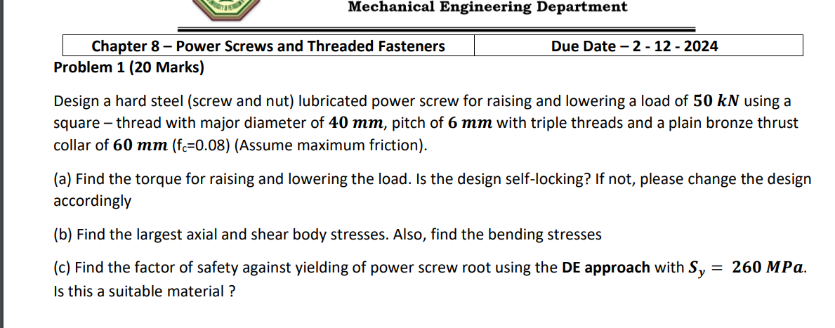 Chapter 8 - Power Screws and Threaded Fasteners