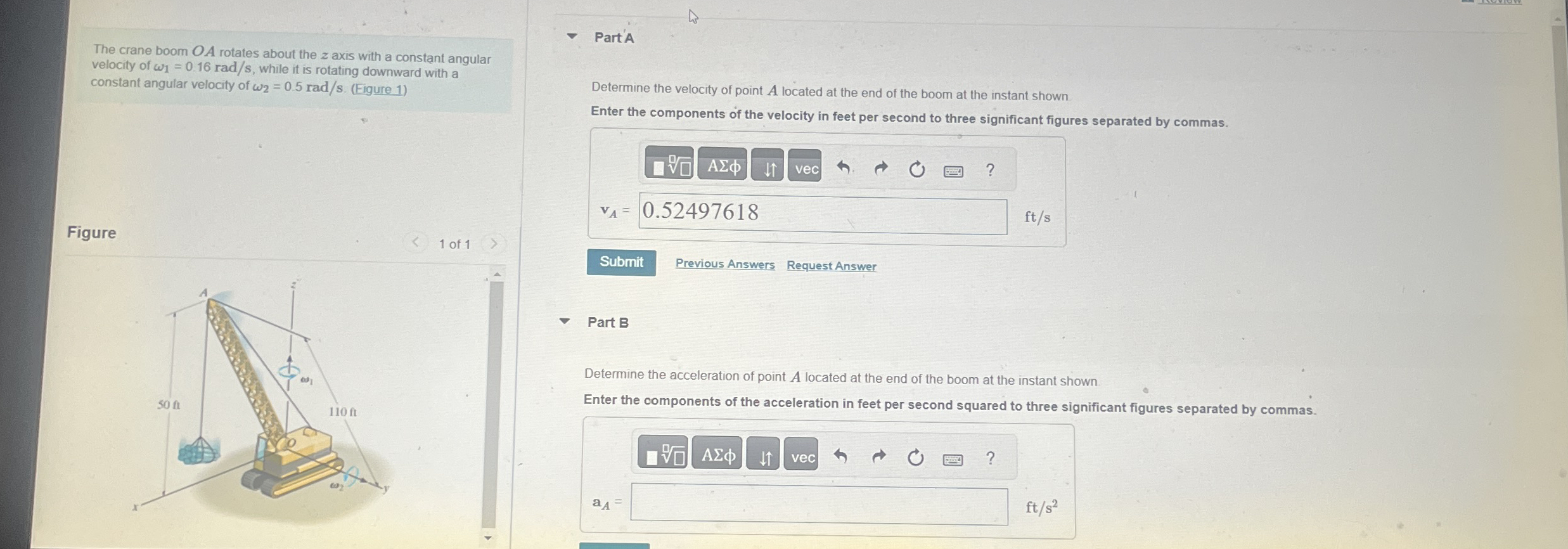 The crane boom O A rotates about the z axis with