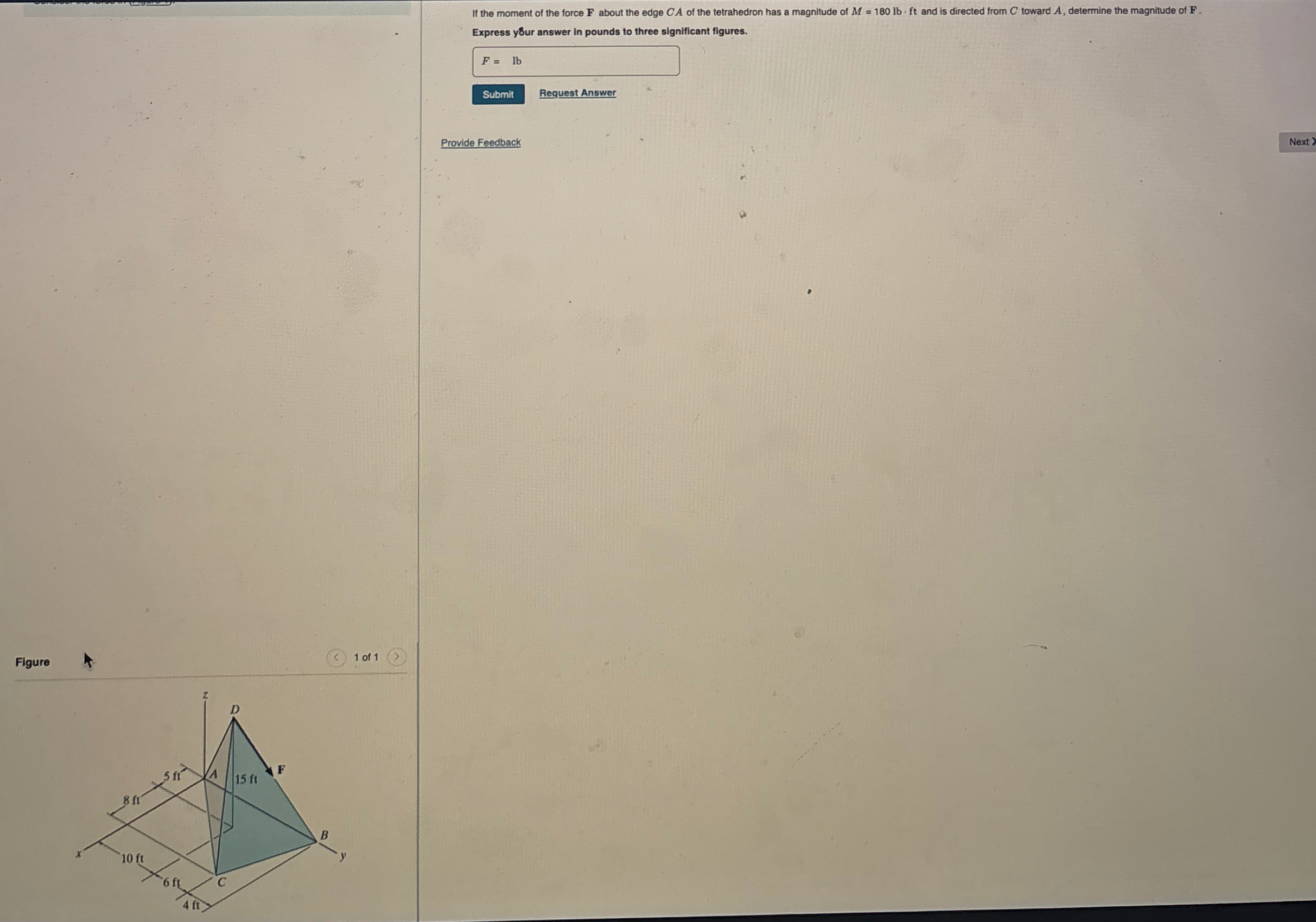 If the moment of the force F about the edge C A