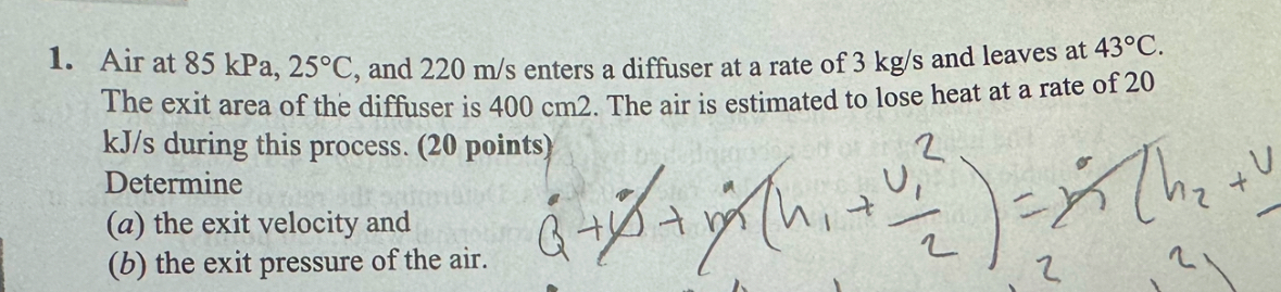 Air at 8 5 kPa, 2 5 C , and 2 2 0 m s enters a