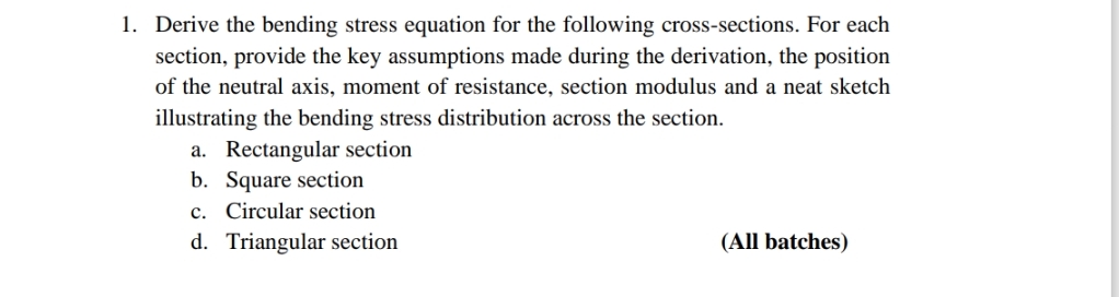 Derive the bending stress equation for the