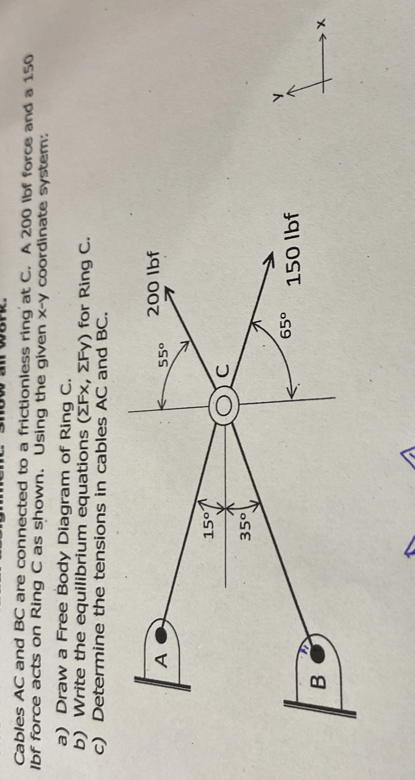 Cables AC and BC are connected to a frictionless