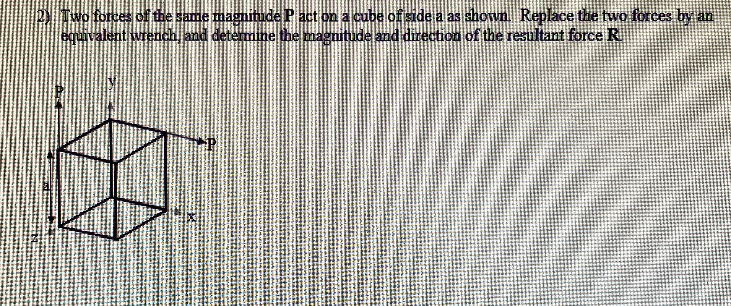 Two forces of the same magnitude P act on a cube