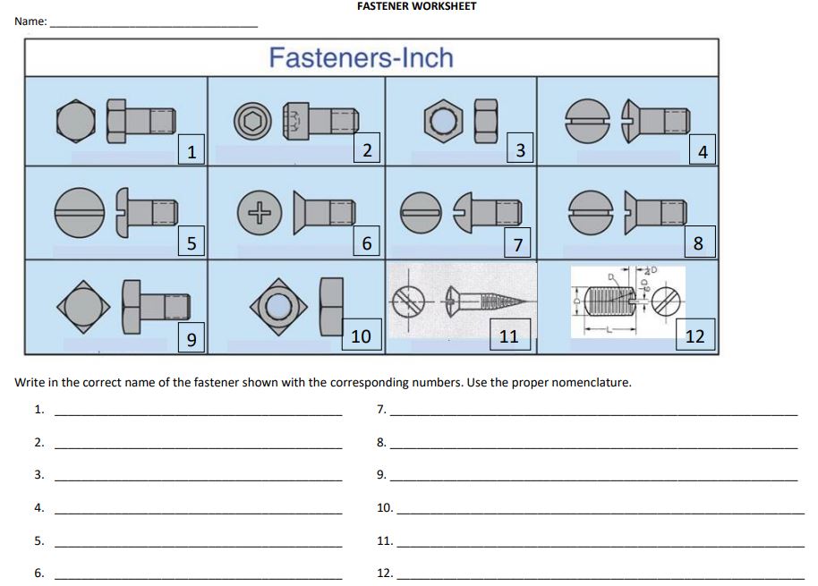 Name: Write in the correct name of the fastener