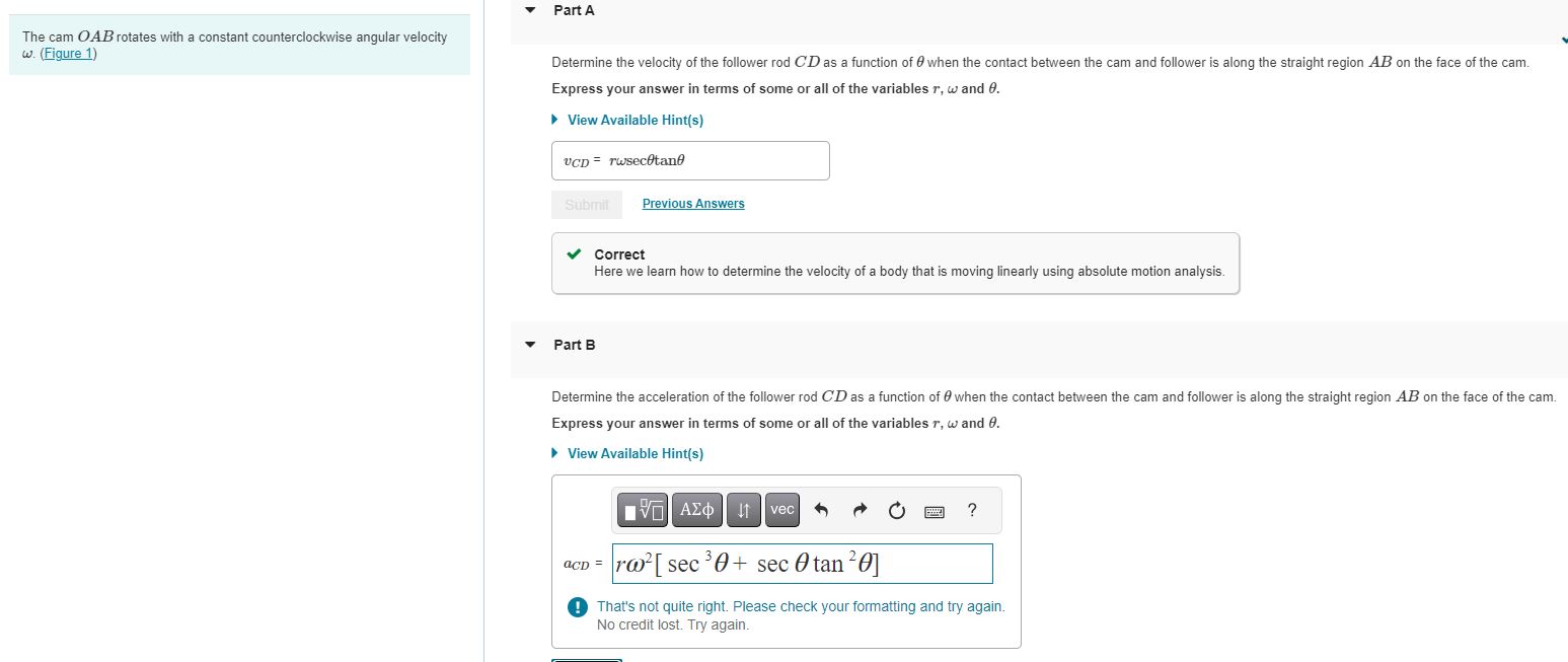 The cam \ ( O A B \ ) rotates with a constant