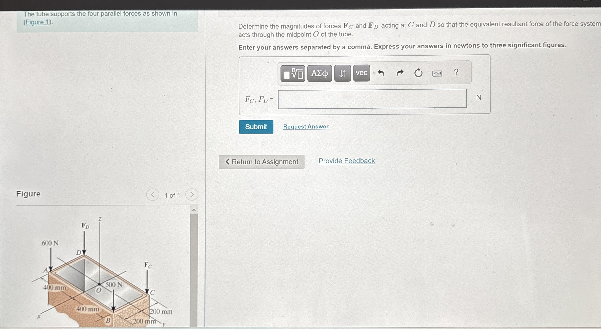 The tube supports the four parallel forces as