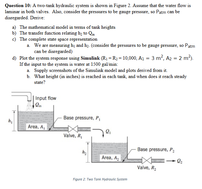 Question 1 0 : A two - tank hydraulic system is