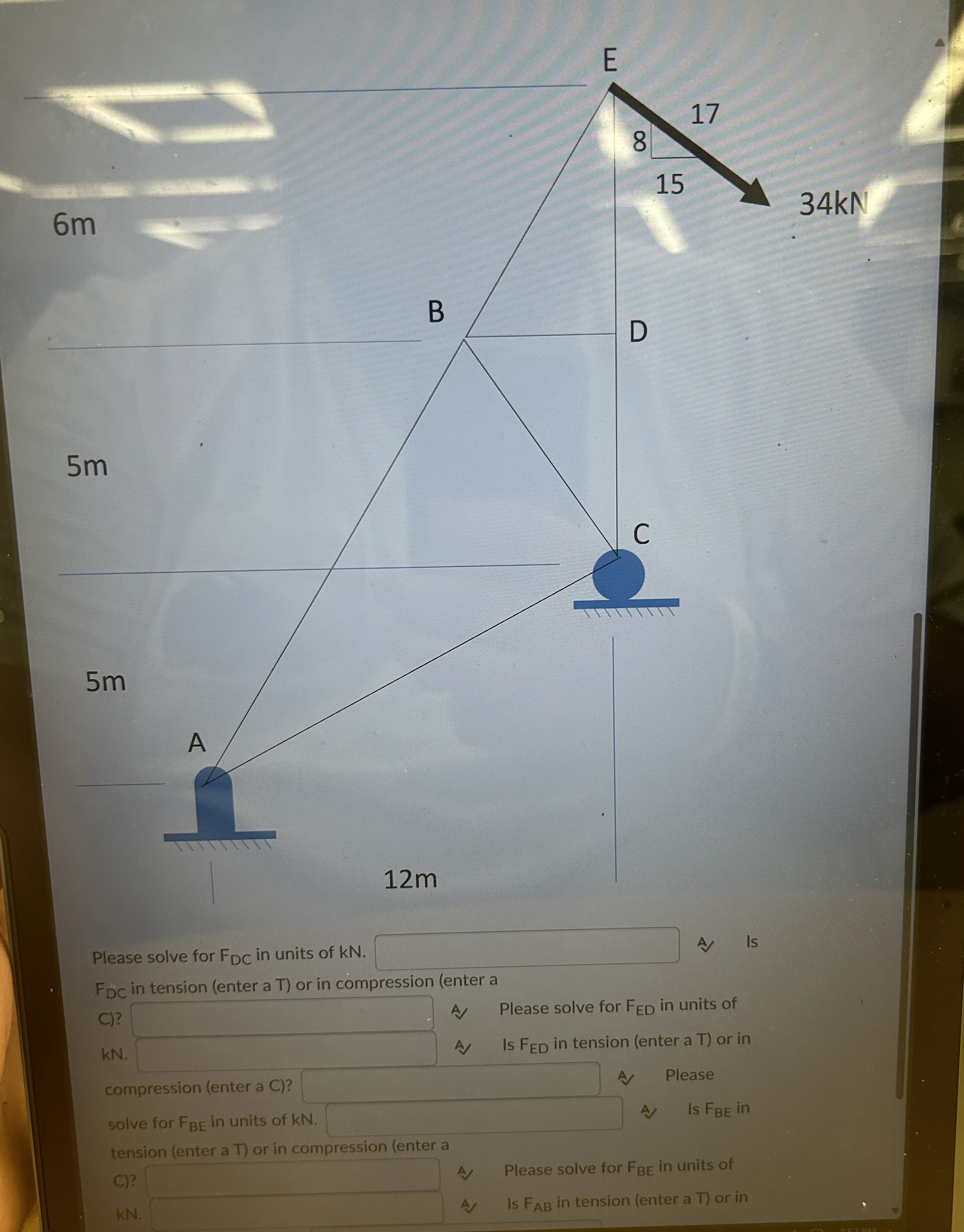Please solve for F D C in units of kN . A ) is F