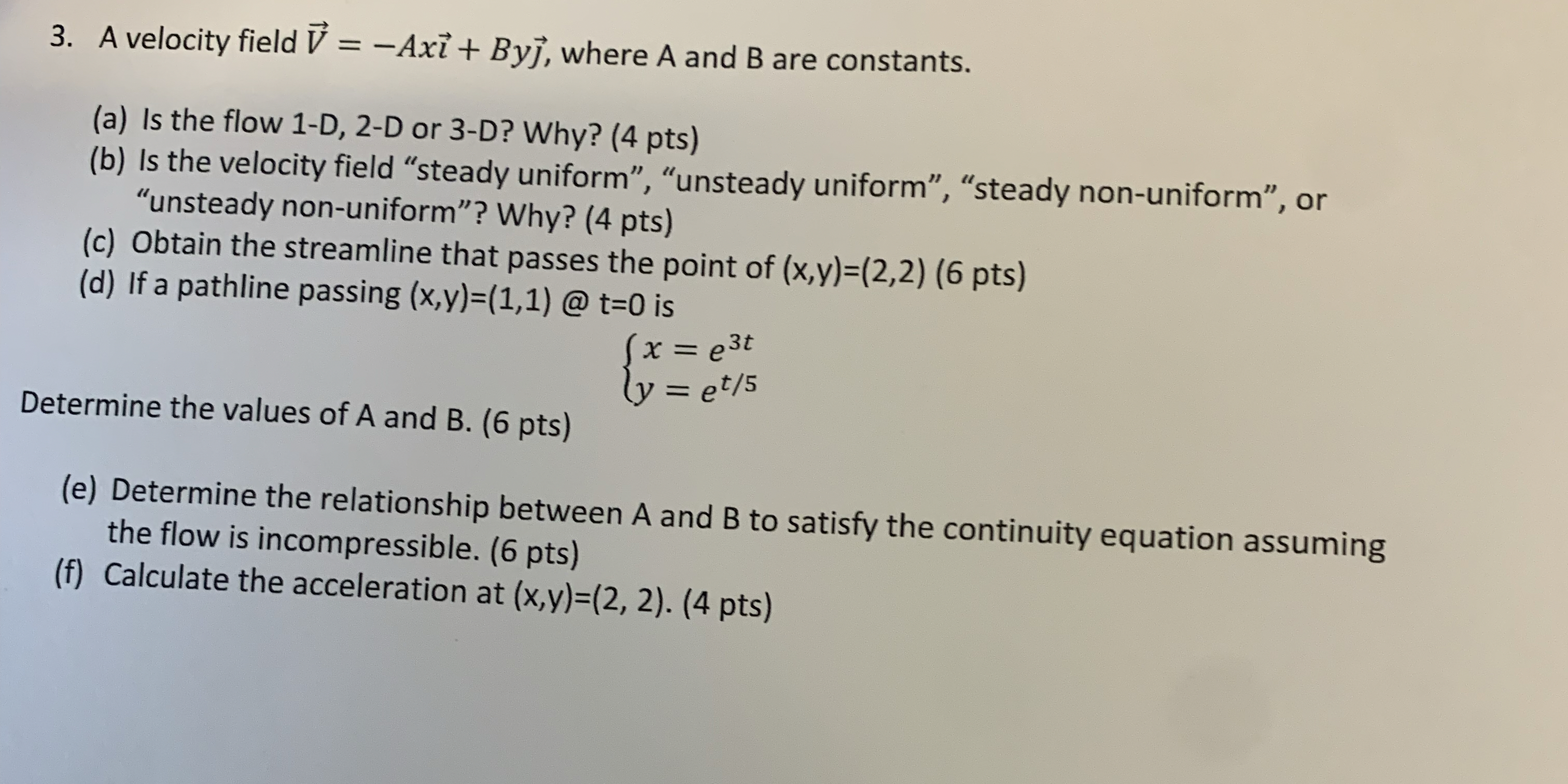 A velocity field vec ( V ) = - Axvec ( ) + Byvec